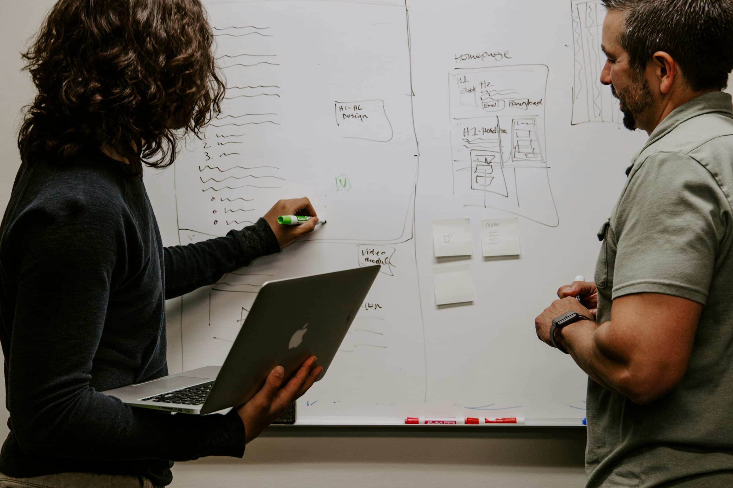 Twee mensen die een homepage uittekenen op een whiteboard